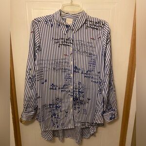 Chico's Blue & White Striped Script-Print Button Shirt